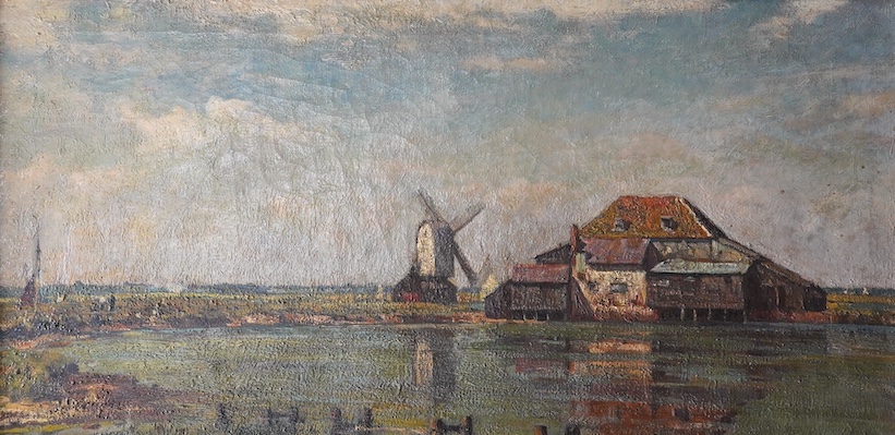 Attributed to Edward King RA (1863-1930), oil on canvas, Study of Tide Mill and windmill at Walton on the Naze, together with English Heritage National Monuments Record photograph of the scene, oil 44.5 x 90.5cm. Conditi